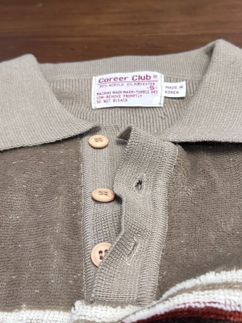 Vintage Career Club Knit Polo  Mens Small Beige Striped Pullover Made in Korea - Picture 4 of 11